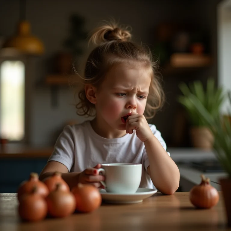 Criança tomando chá de cebola para aliviar a tosse.