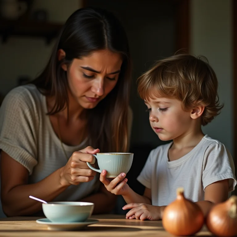 Criança tomando chá de cebola.