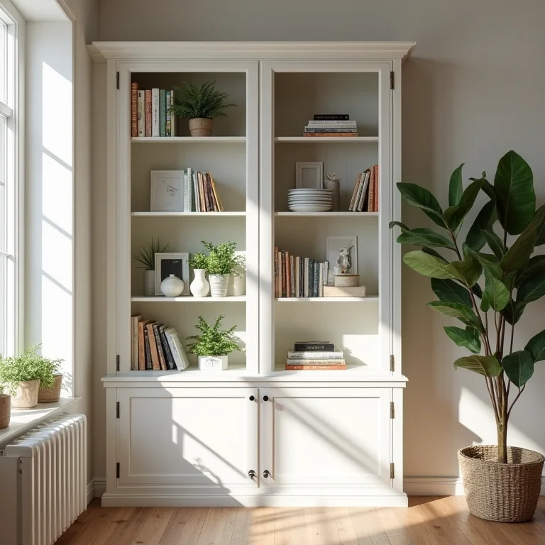 Cristaleira rústica branca na sala de estar.