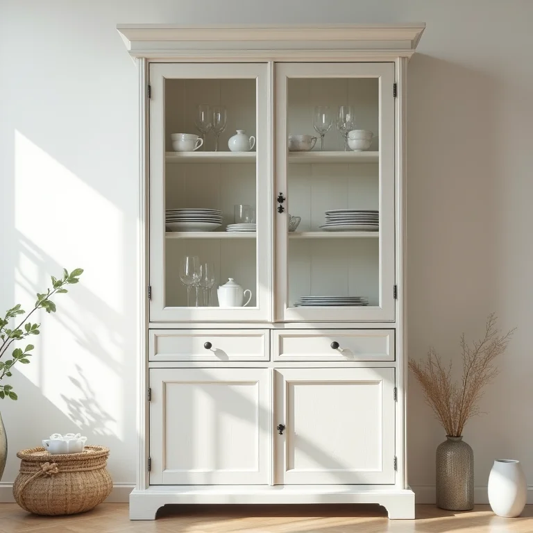 Cristaleira rústica branca na sala de jantar.