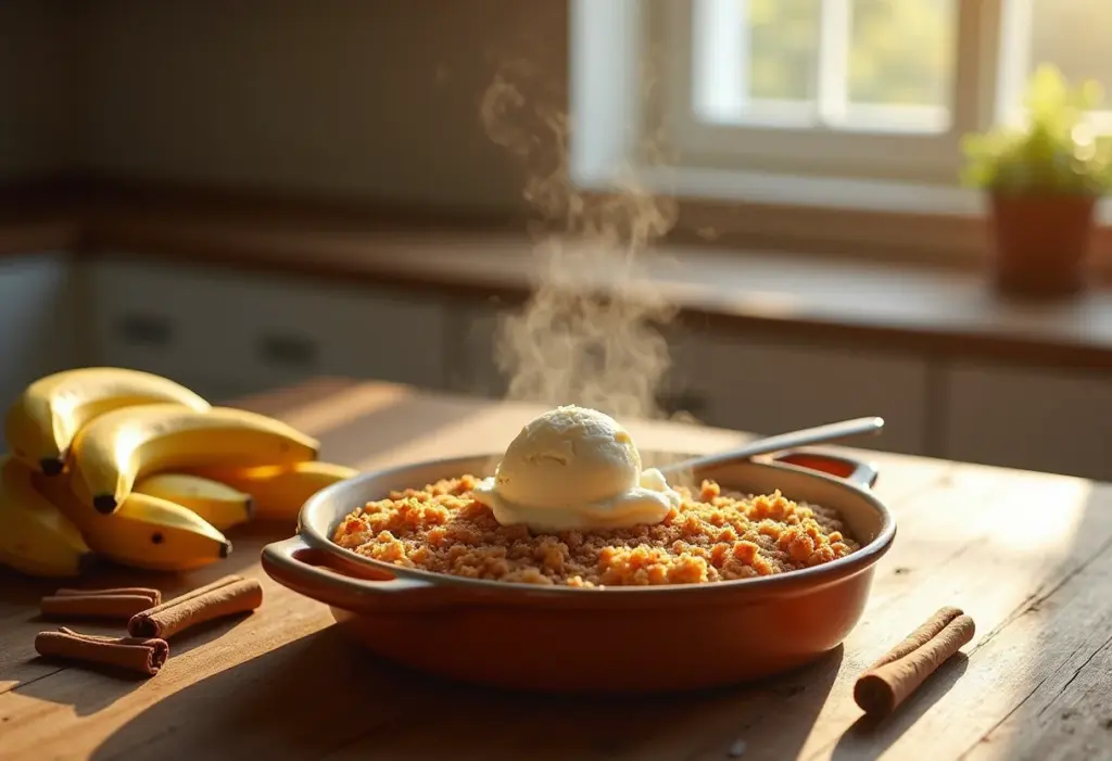 Crumble de banana irresistível em mesa rústica