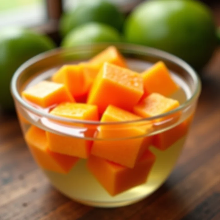 Cubos de mamão de molho em água de cal para firmar.