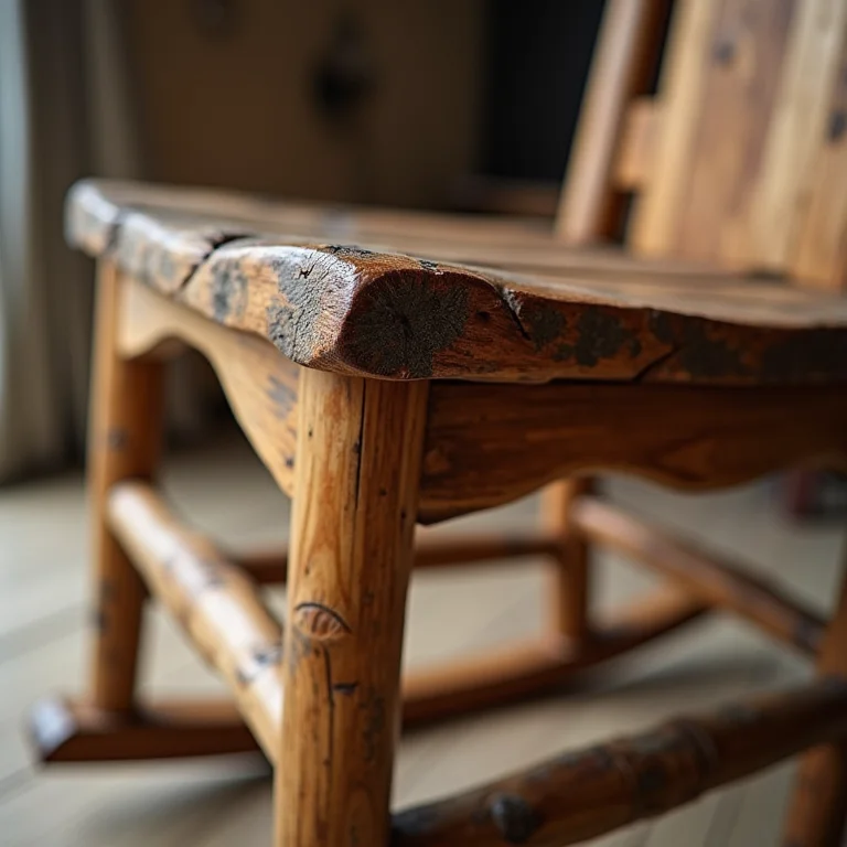 Detalhe de cadeira de balanço rústica feita de madeira de demolição.