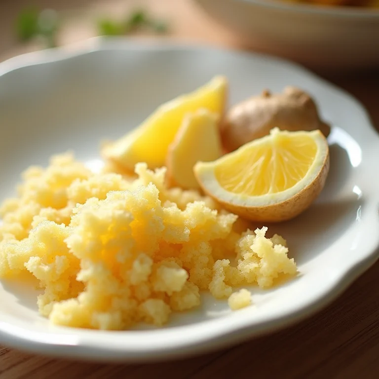 Detalhe de gengibre fresco ralado e descascado.