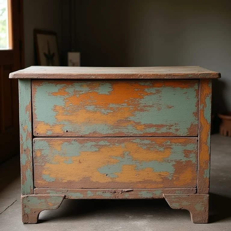 Detalhe de um baú antigo mostrando as camadas da pátina.