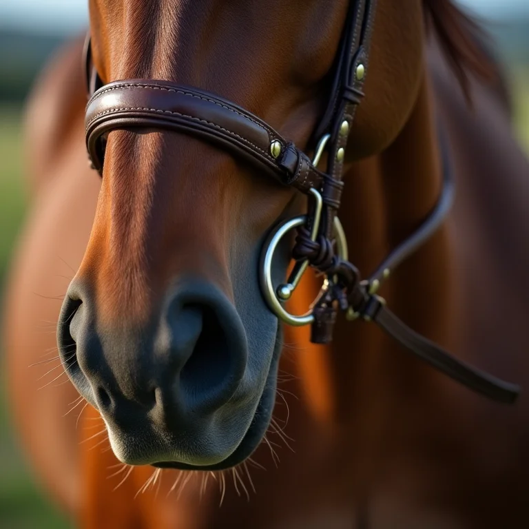 Detalhe de um bridão e rédeas de couro.