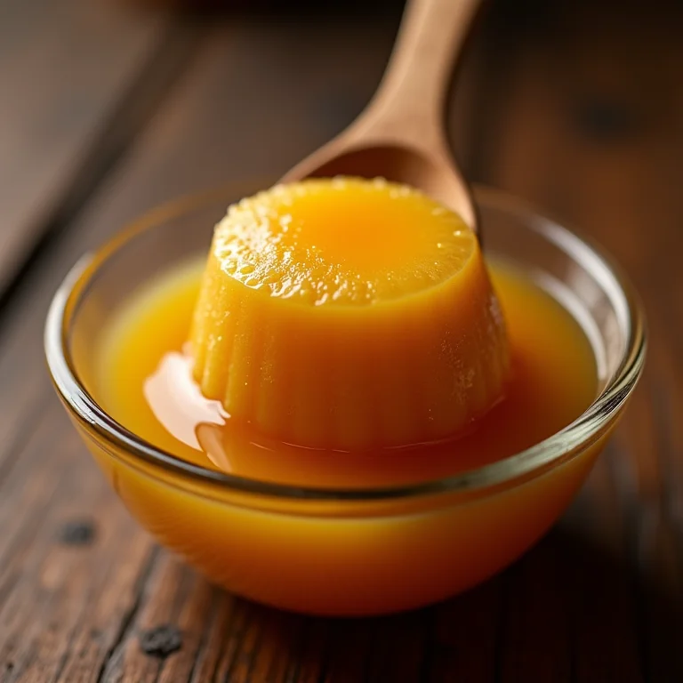 Detalhe de um doce de caju em calda, mostrando sua textura e cor.