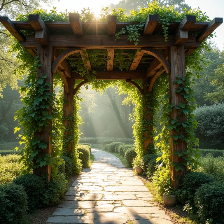 Detalhe de um pergolado de madeira rústica com trepadeiras.