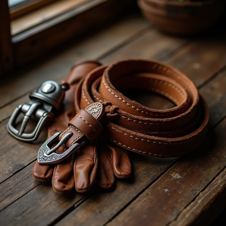 Detalhes de um laço de couro e acessórios de montaria.