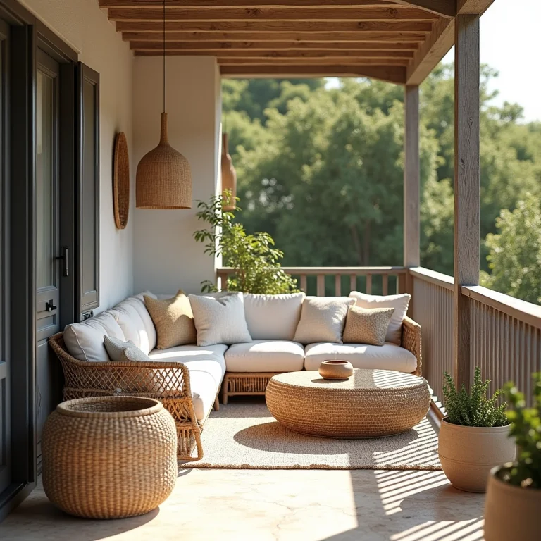 Detalhes rústicos com cestos, almofadas e mantas em sacada