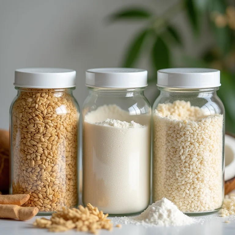 Diferentes tipos de farinha para bolo de coco em potes de vidro.