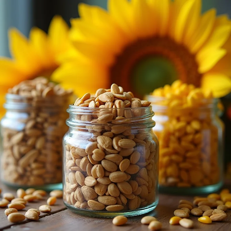 Diferentes tipos de sementes de girassol em potes de vidro.