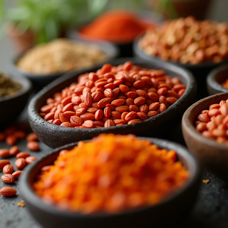 Diferentes tipos de sementes de urucum com características específicas.
