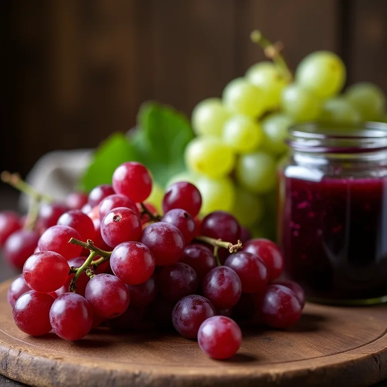 Diferentes tipos de uva e geleia de uva ao fundo.