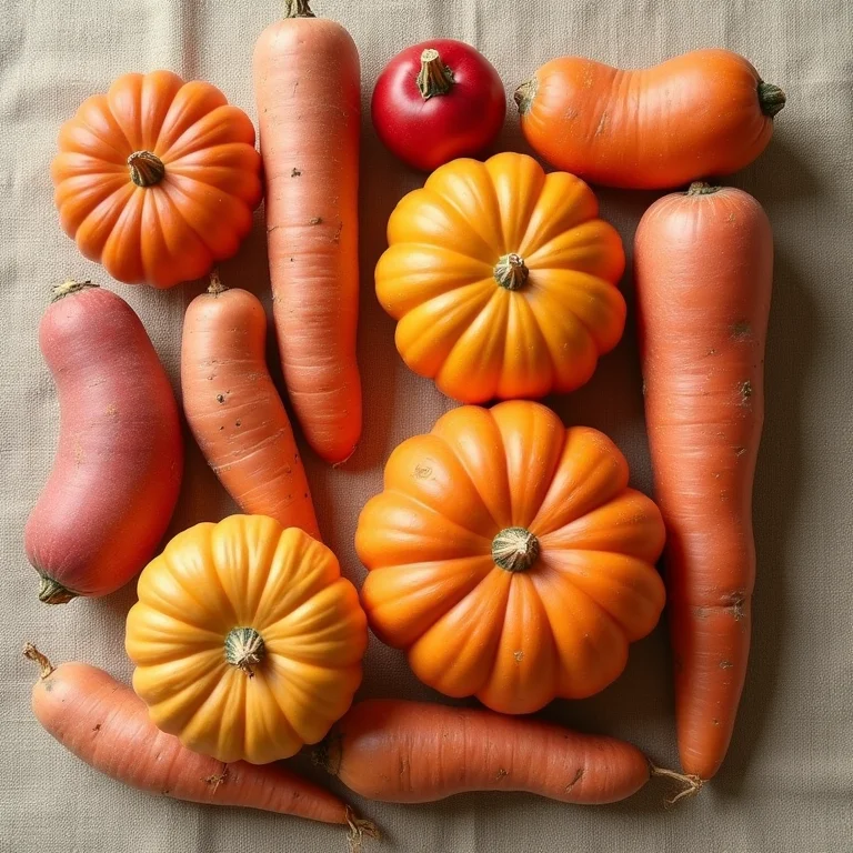 Disposição de frutas e vegetais alaranjados e vermelhos