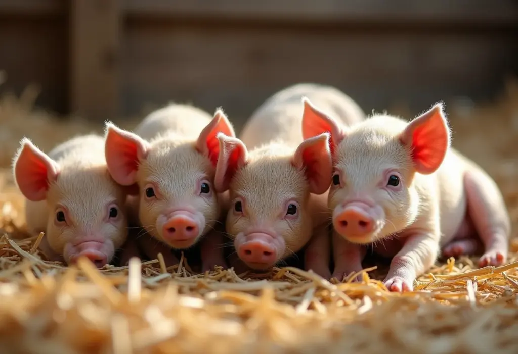 Diversas raças raras de porcos em close-up.