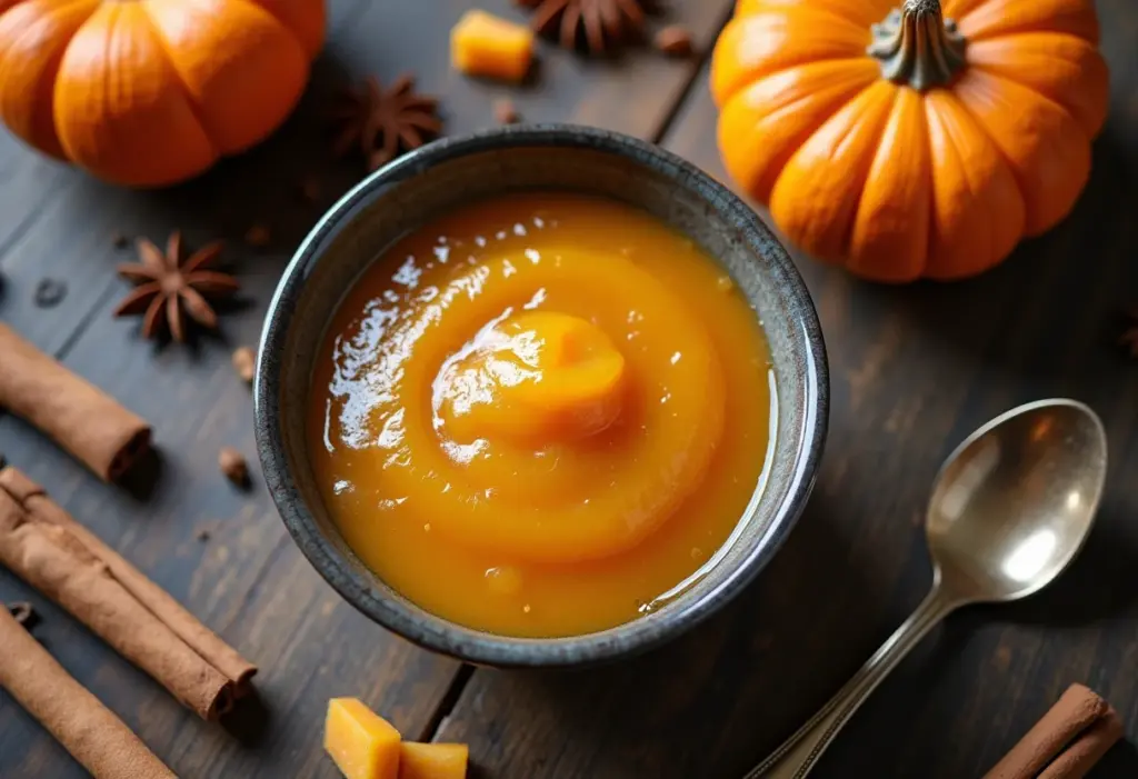 Doce de abóbora cremoso em tigela rústica com especiarias.