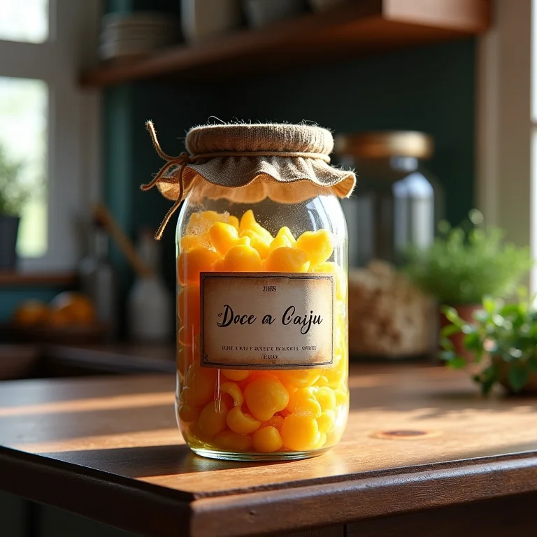 Doce de caju armazenado em pote de vidro esterilizado em despensa organizada.