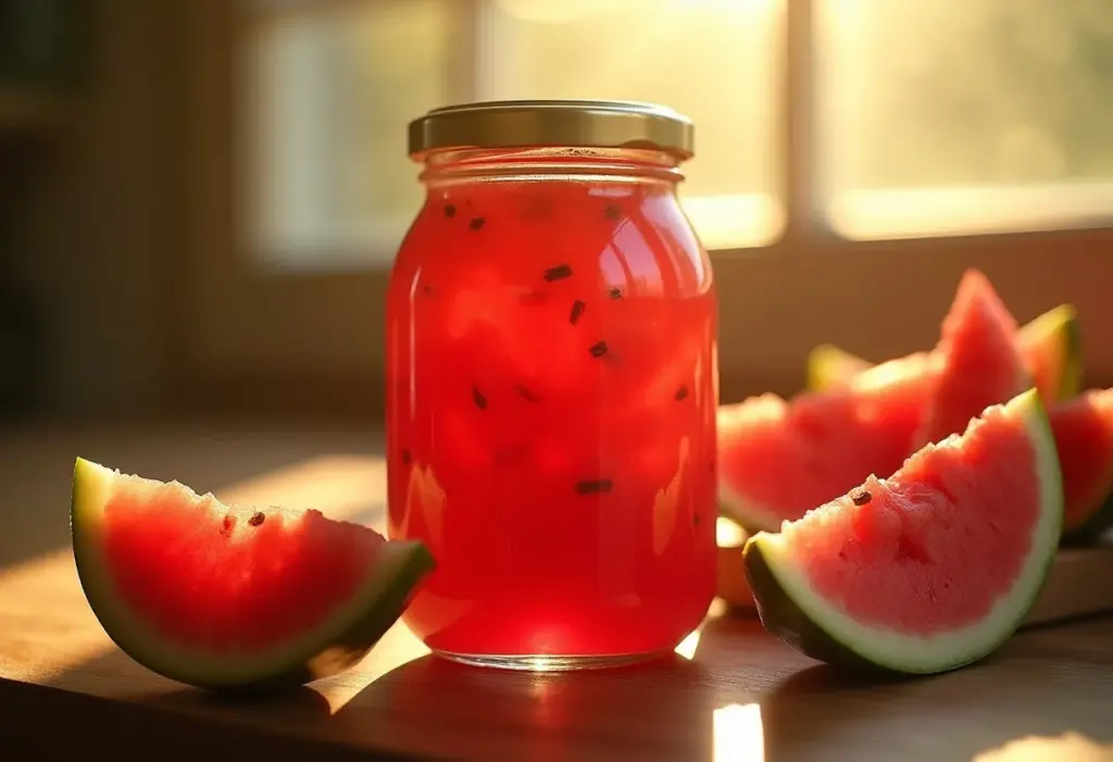 Doce de casca de melancia caseiro em pote de vidro.