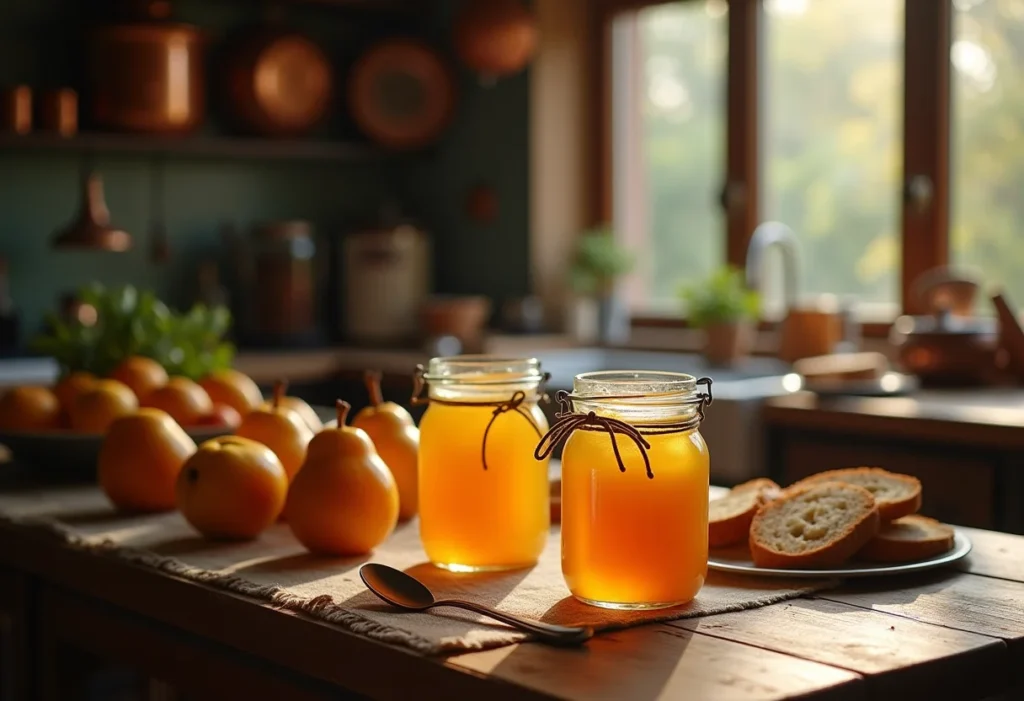 Doce de cidra caseiro em potes de vidro sobre mesa rústica.