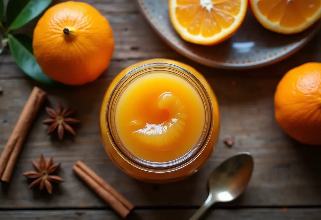 Doce de Laranja da Terra caseiro em pote de vidro sobre mesa de madeira rústica.