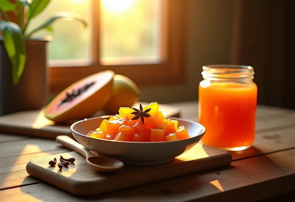 Doce de mamão caseiro com cravo em calda, pronto para servir.