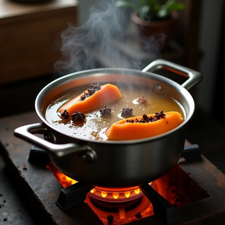 Doce de mamão caseiro cozinhando em um fogão a lenha.
