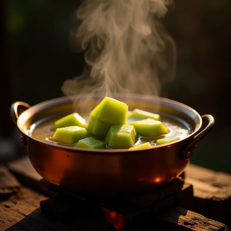 Doce de mamão cozinhando na panela de cobre.