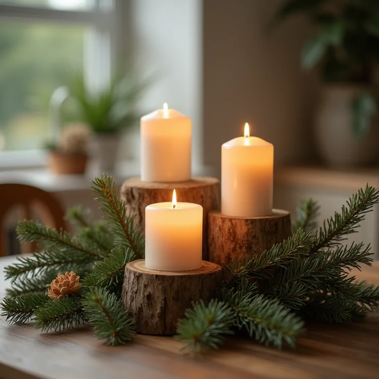 Enfeites de mesa rústicos com velas e madeira.