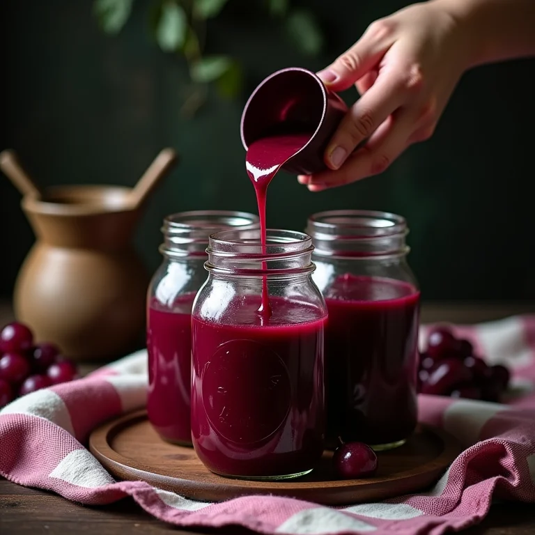 Envasando a geleia de uva caseira em potes de vidro.