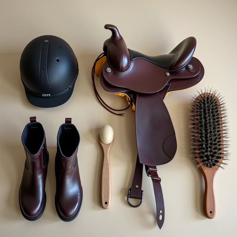 Equipamentos de segurança para equitação infantil em flat lay