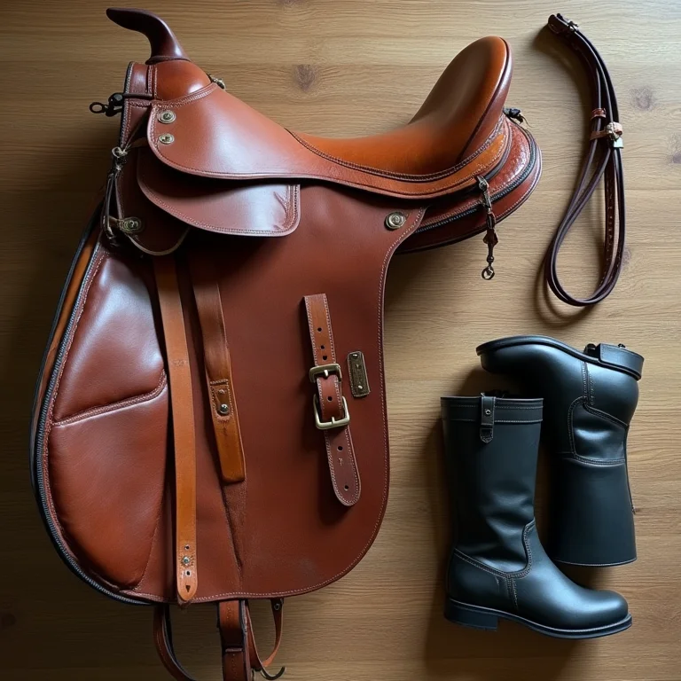 Equipamentos essenciais para montaria em estilo flat lay.