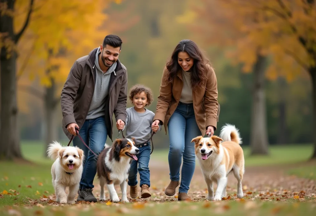 Família brasileira feliz brincando com cães pastores em parque outonal.