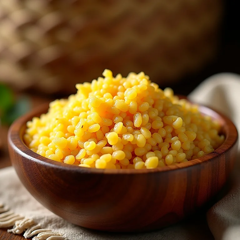 Farinha de mandioca caseira em tigela de madeira.