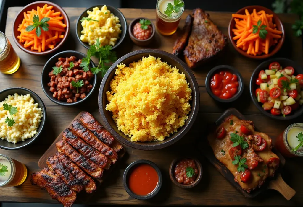 Farofa de banana em mesa de churrasco.