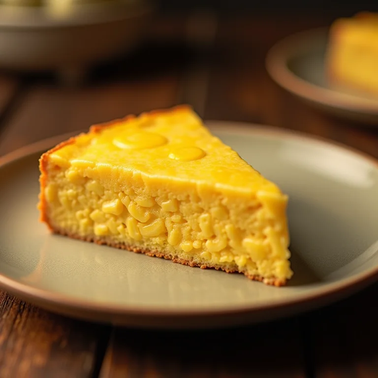 Fatia de bolo de milho cremoso em prato rústico.