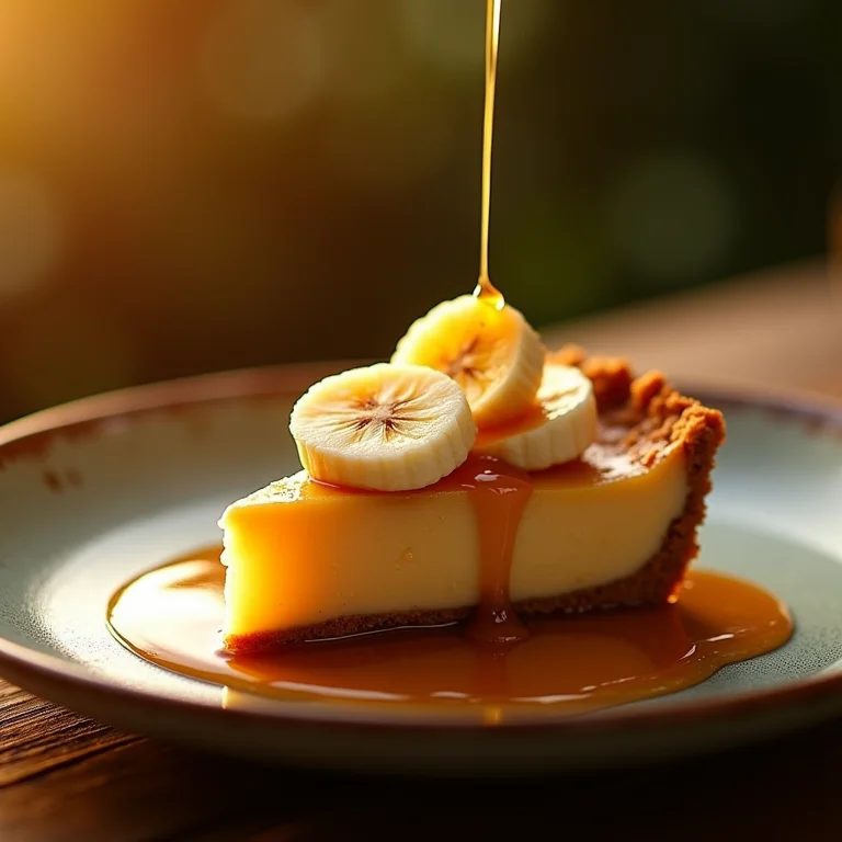Fatia de torta de banana com calda mágica.