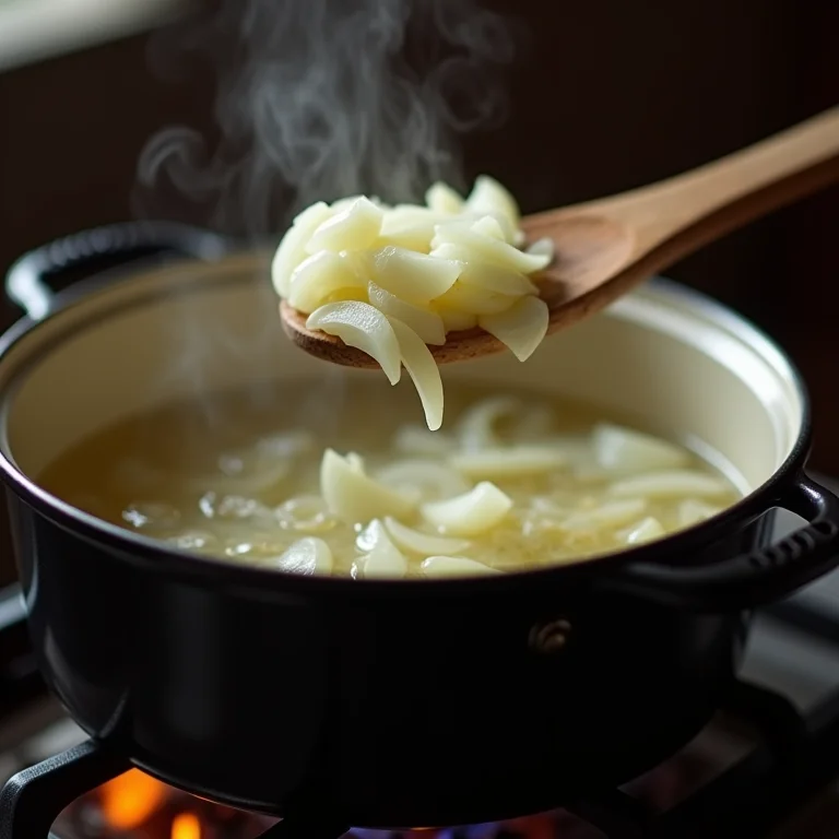Fatias de cebola sendo adicionadas à água fervente para fazer o chá.