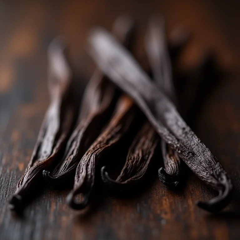 Favas de baunilha aromáticas em superfície de madeira escura.