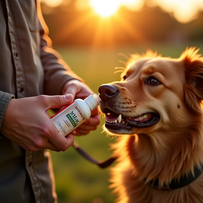 Fazendeiro aplicando repelente contra carrapatos e pulgas em um cão