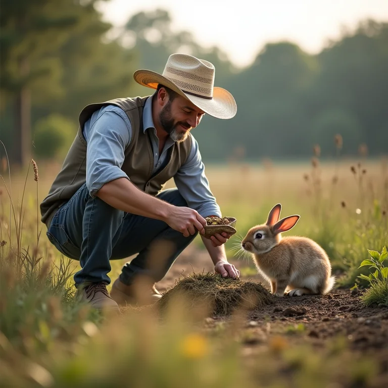 Fazendeiro controlando a alimentação dos coelhos.
