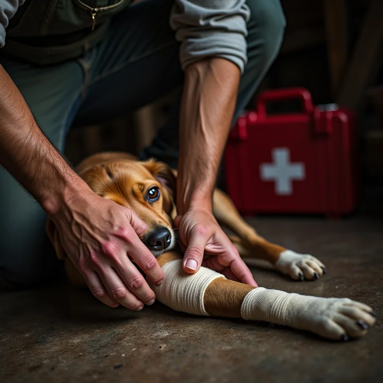Fazendeiro cuidando de um cão ferido após um acidente na fazenda