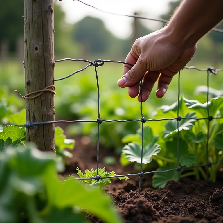 Fazendeiro instalando cerca para proteger a horta dos coelhos.