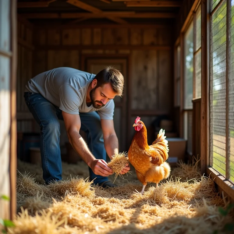 Fazendeiro limpando um galinheiro móvel