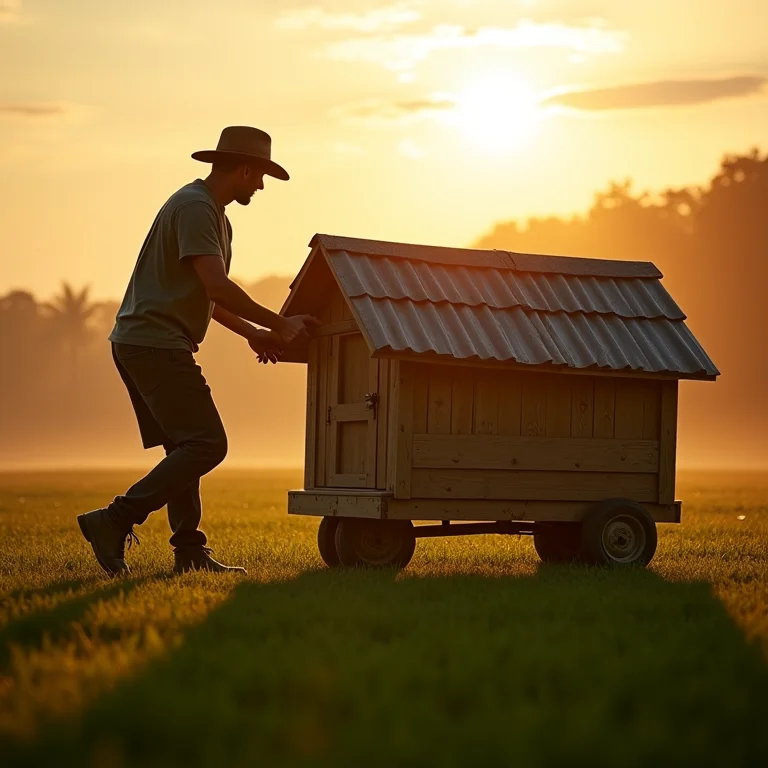 Fazendeiro movendo um galinheiro móvel para um novo local