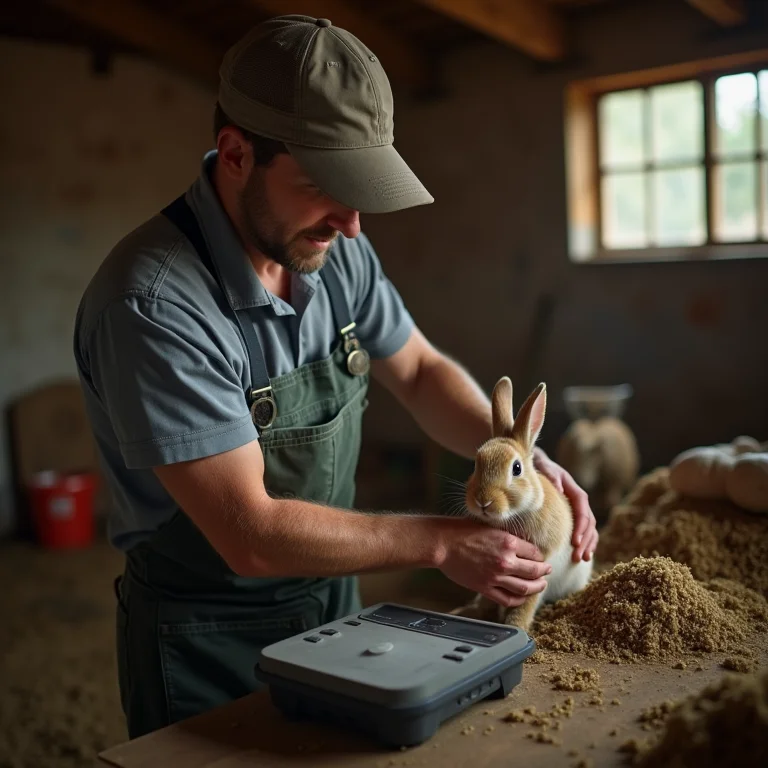 Fazendeiro pesando coelho para abate.