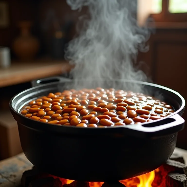 Feijão cozido no ponto certo em panela de ferro.