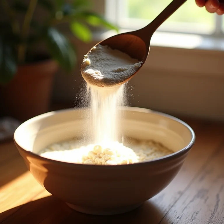 Fermento em pó sendo adicionado à massa do bolo.