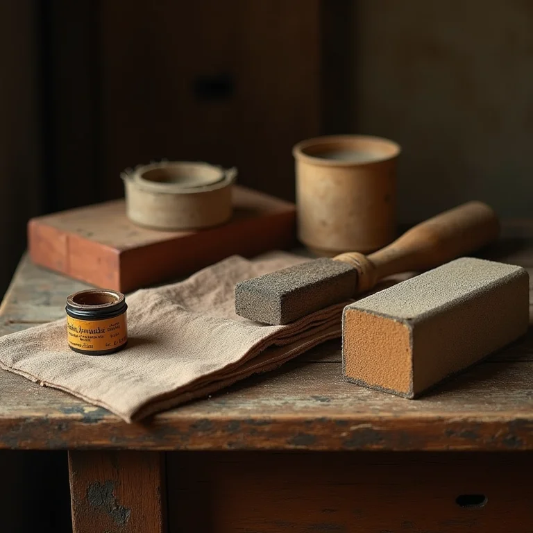 Ferramentas para lixar e restaurar móveis antigos dispostas em uma superfície de madeira