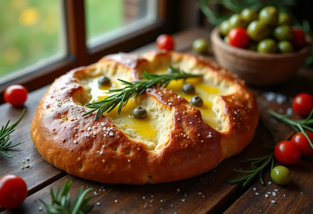 Focaccia Barese fofinha com azeitonas e tomates frescos